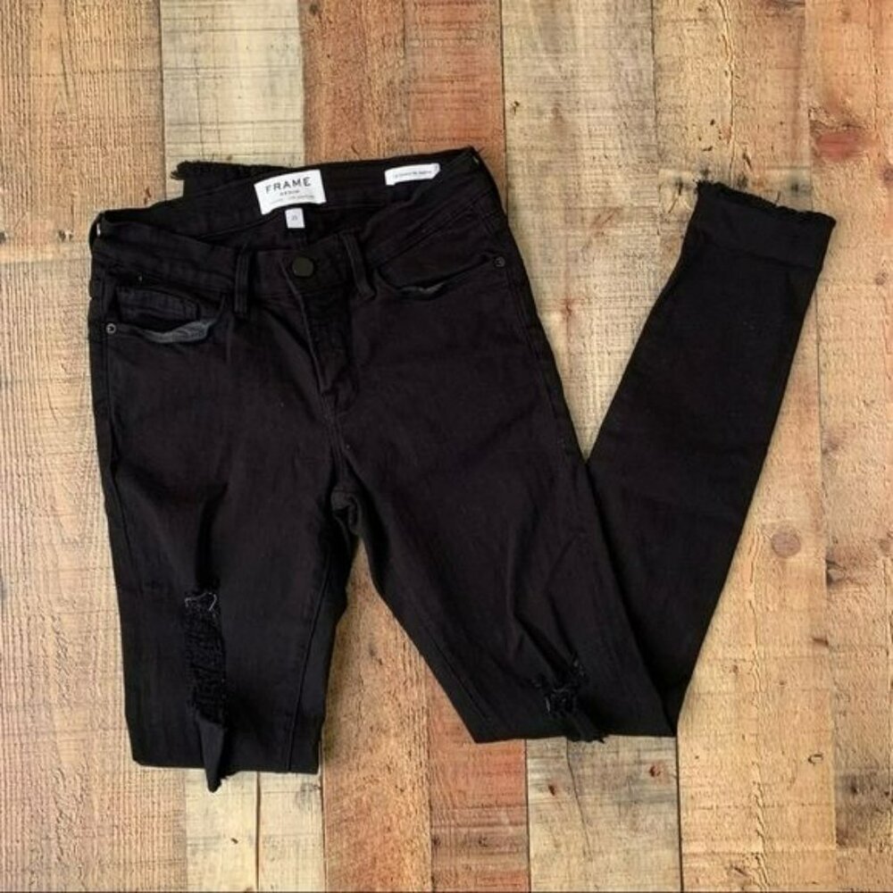 Frame denim women’s le skinny de Jeanne black distressed skinny jeans - 25